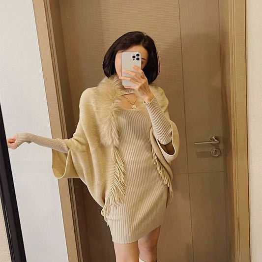 Knitted Shawl Fur Collar Jacket Autumn And Winter Large Size Loose Warm Cloak