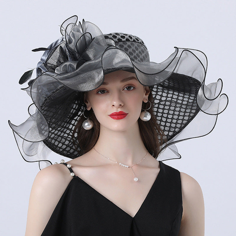 European And American Style Women's Sunshade Adult Hatband Mesh Flower Decoration Broad-brimmed Hat