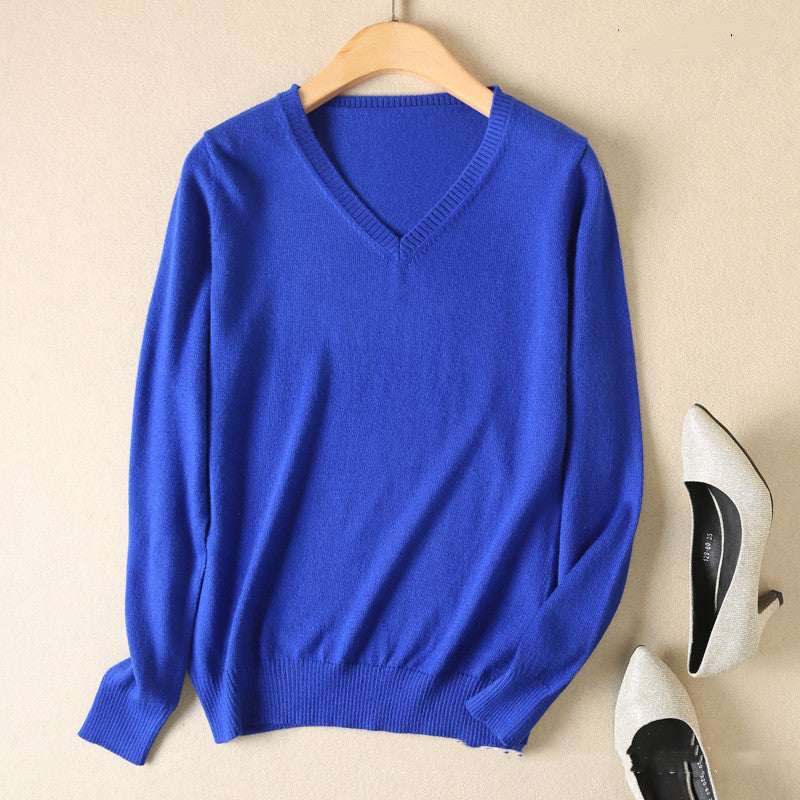 V-Neck Loose Sweater Women Long Sleeve Solid Color