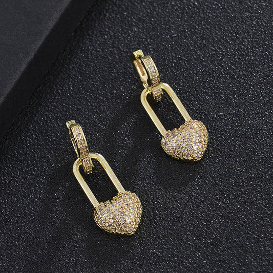 Double Love Earrings Electroplated Micro-inlaid Color Zircon Peach Heart