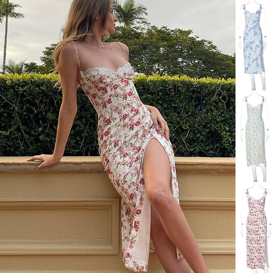 Robe longue en dentelle à imprimé fleurs