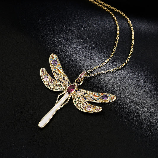 Copper Plated 18K Gold Micro Set Zircon Large Size Dragonfly Pendant Necklace