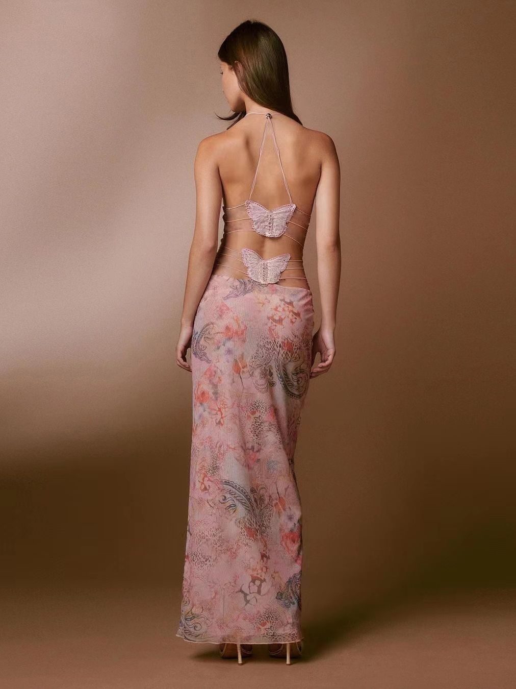 Floral Print Halter Spaghetti Straps Slim Butterfly Back Dress