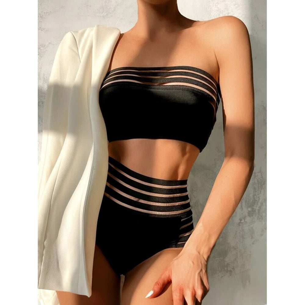 Split Tube Top Mesh Solid Color Swimsuit