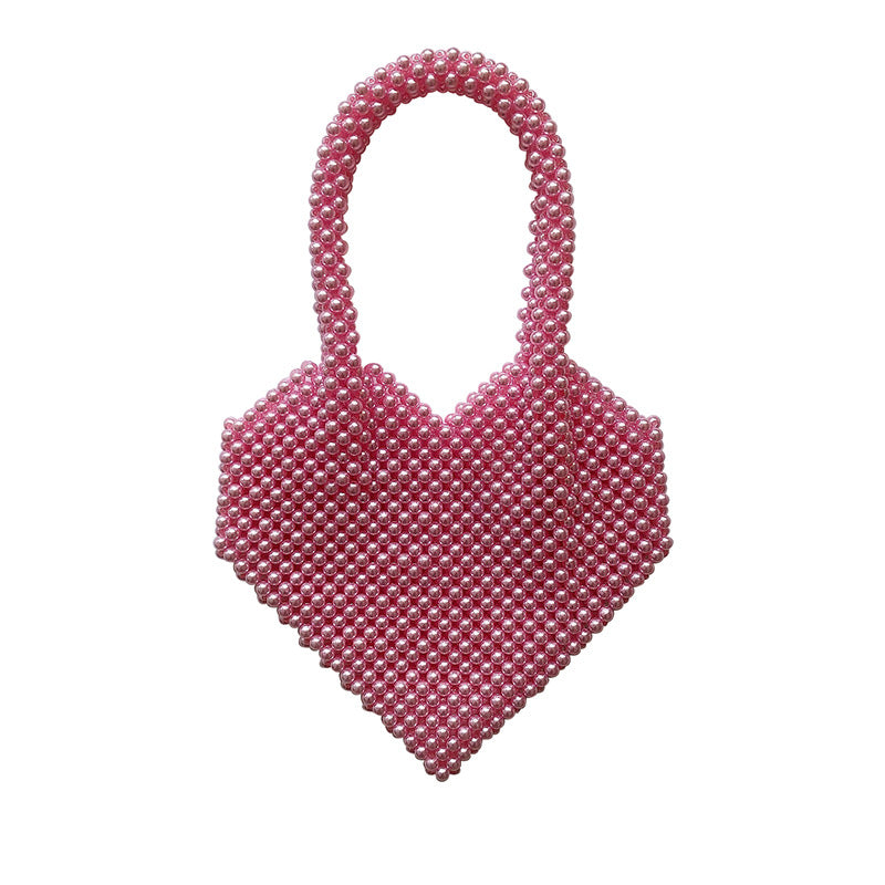 Pearl Peach Heart Beaded Bag Handheld Heart