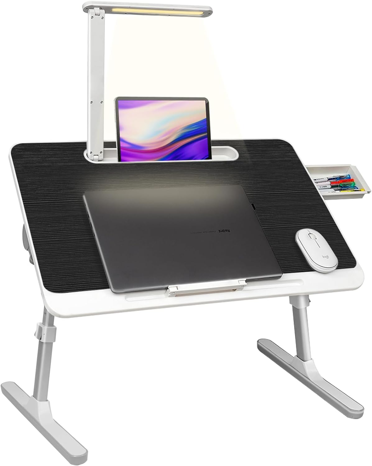 Schoßschreibtisch für Laptop, tragbarer Betttisch, Laptop-Schreibtisch mit LED-Licht und Schublade, verstellbarer Laptop-Ständer für Bett, Sofa, Arbeitszimmer, Lesen