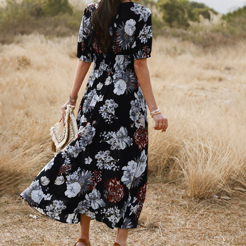 Floral Summer Beach Dress With V Neck Elastic Waist