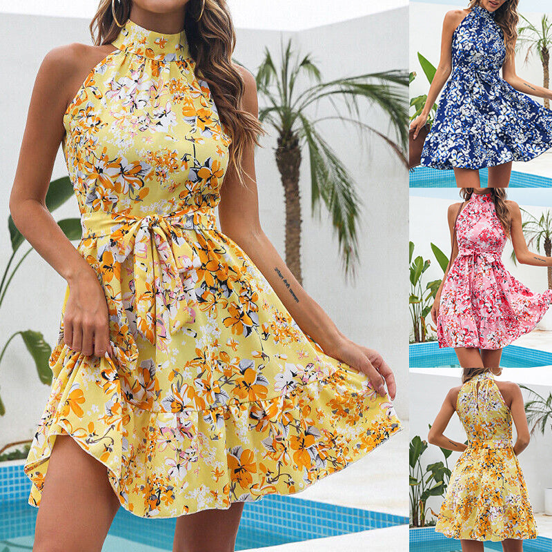 Flowers Print Halterneck Summer Fashion Dress