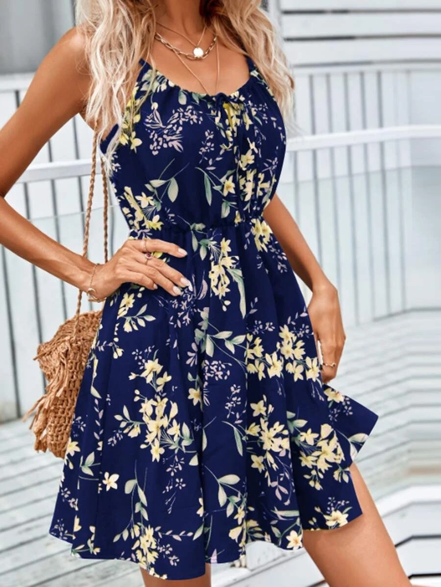 Floral Print Suspender Dress With Elastic Waist