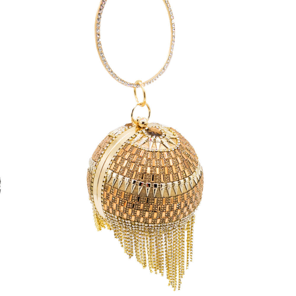 Round Dinner Bag With Diamond Stickers, Spherical Tassel Bag