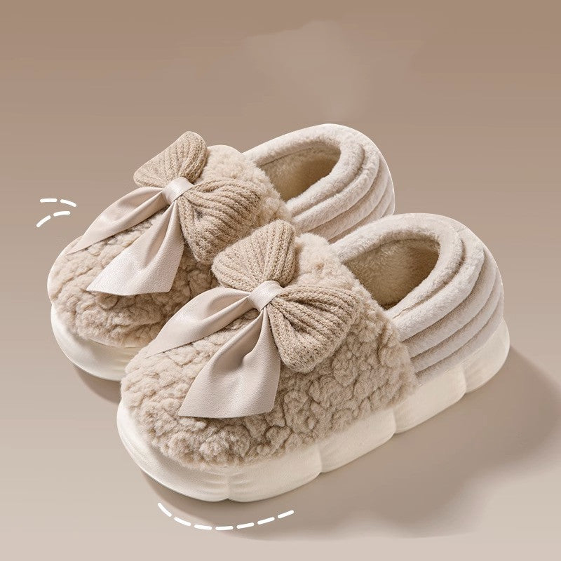 Gros nœud papillon pantoufles moelleuses hiver chaud talon couvert chaussures en coton mode pantoufles à semelle épaisse plate-forme chaussures de marche de jardin intérieur et extérieur