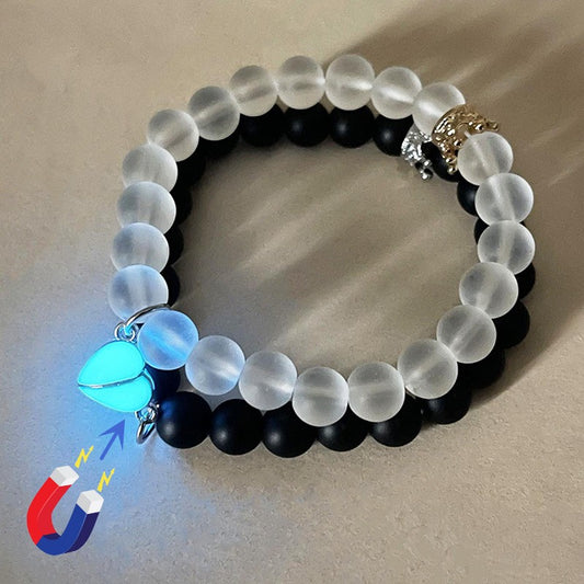 Fashion Jewelry 2pcs Handmade Crown Beaded Charms Bracelet Luminou Heart Glow In The Dark Couple Bracelet For Lover Flourescent Gift