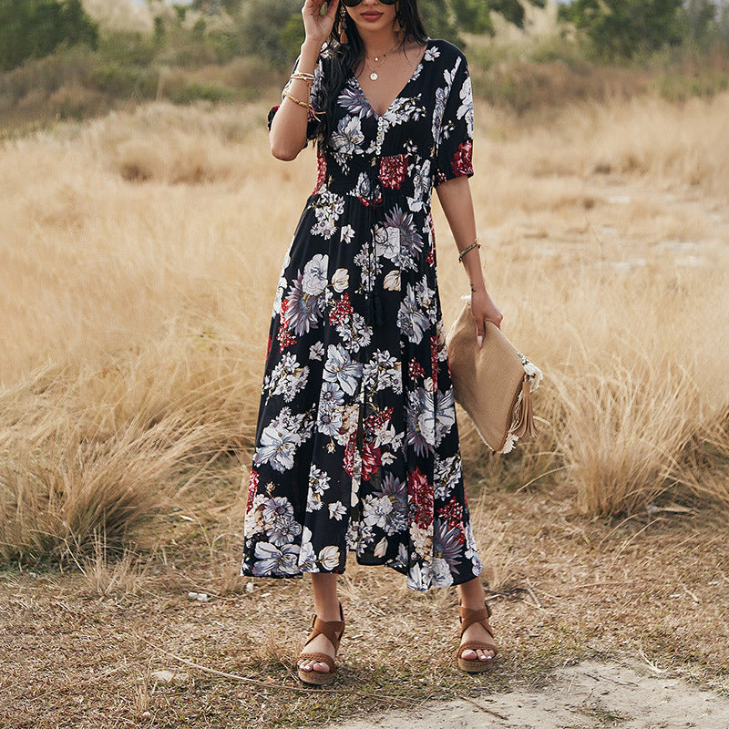 Floral Summer Beach Dress With V Neck Elastic Waist