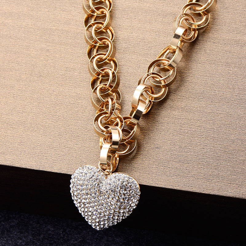 Full Zirconium Peach Heart Pendant Necklace Sweater Chain Accessories